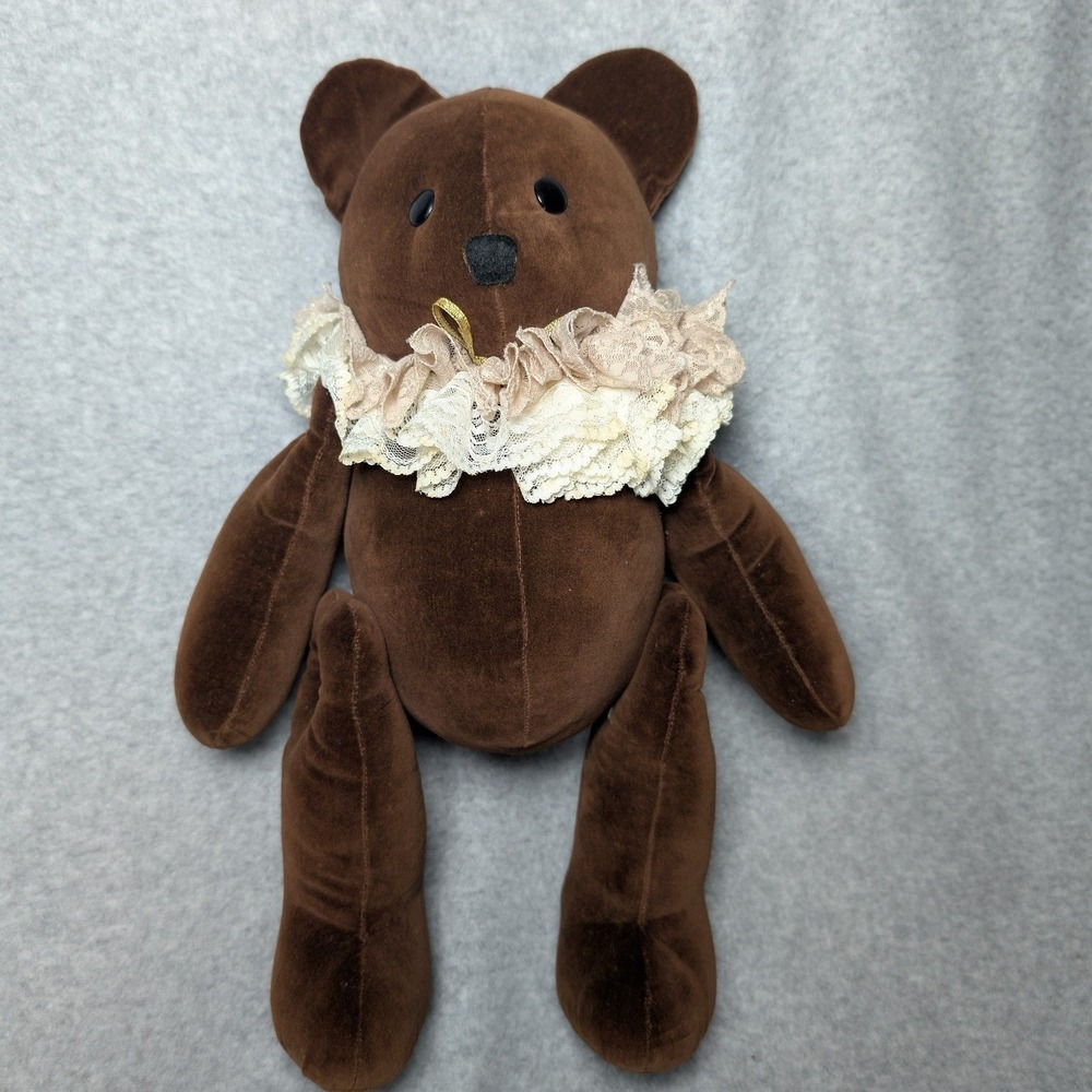 Unbranded Velvet Teddy Bear Unisex Small Brown Button Jointed Lace Collar